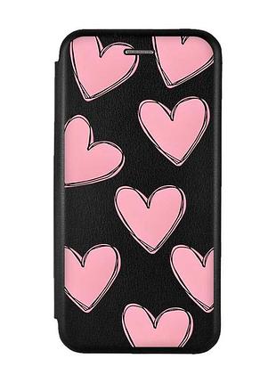 Чехол-книжка с рисунком для samsung galaxy a30 (2019) a305/a20 чёрный; сердечка розовые (принт 78)