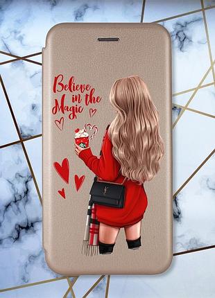 Чехол-книжка с рисунком для samsung galaxy a32 золотой; девушка с кофе (принт 137)