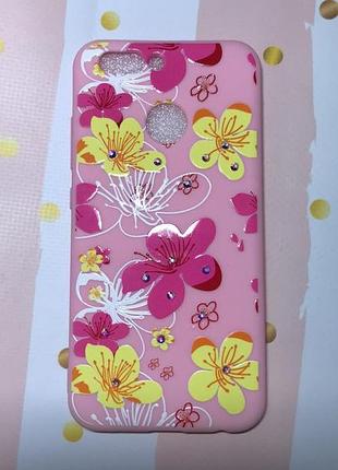 Силиконовый чехол с рисунком и камнями для huawei nova 2 розовые и желтые цветы