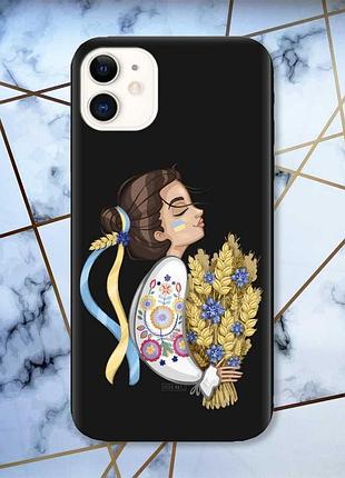 Матовий чорний чохол на apple iphone 11 (6.1) патріотичний дизайн українка з колосками принт 172