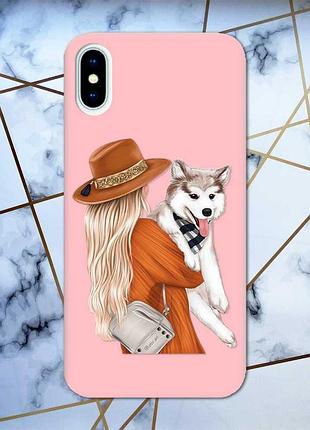 Матовый розовый чехол на iphone x/xs :: девушка с собачкой (принт 115)