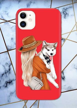 Матовый красный чехол на iphone 11 :: девушка с собачкой (принт 115)