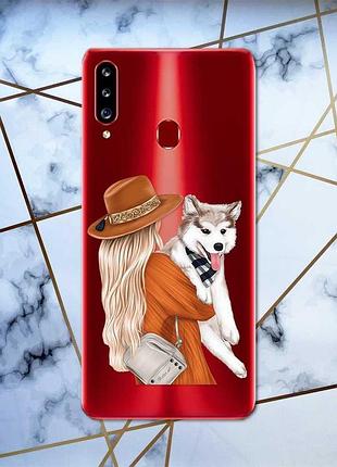 Прозрачный чехол на samsung galaxy a20ѕ дизайн девушка с собачкой принт 115