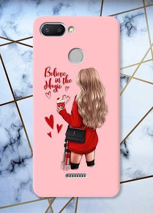 Матовый розовый чехол на xiaomi redmi 6 девушка с кофе принт 137