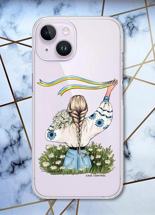Прозрачный чехол с защитой камеры на iphone 14 :: девушка с лентой (принт 17)