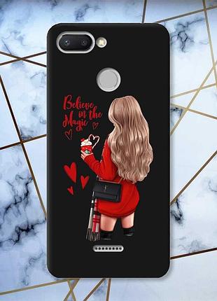 Матовый черный чехол на xiaomi redmi 6 девушка с кофе принт 137