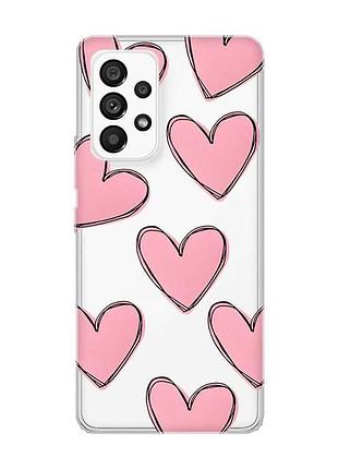 Прозорий чохол на samsung galaxy a53  сердечка рожеві (принт 78)