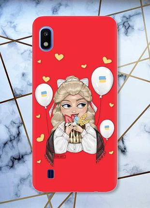 Красный чехол на samsung galaxy а10 (2019) а105 патриотический дизайн украинка со сладостями (принт 175)