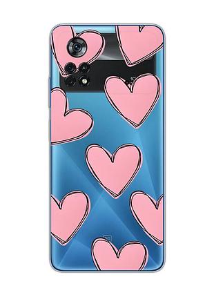 Прозорий чохол на xiaomi poco x4 pro сердечка рожеві (принт 78)