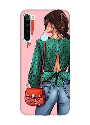 Матовый розовый чехол на xiaomi redmi note 8 девушка в зеленом (принт 224)