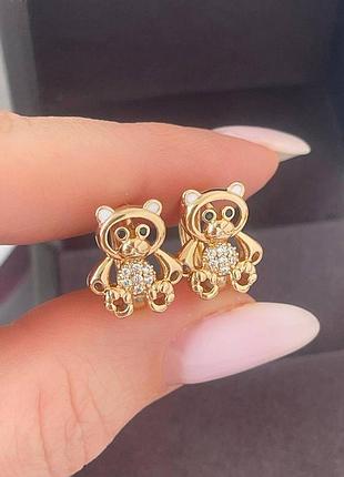Детские серьги медсплав медзолото, фианиты камешки, мешки мешка, медведе медведики