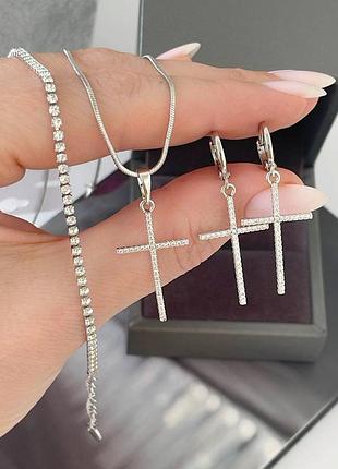 Набор родий, серьги крептики, кулон кристик крест в камушках браслет, цепь снейк, xuping