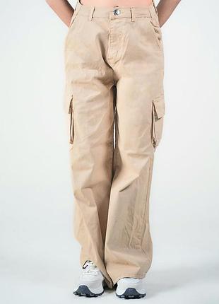 Бежеві джинси з накладними кишенями, джинси карго жіночі прямі 44/16 розмір