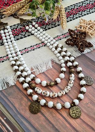 🔺🤍🌻 трехрядное колье ожерелье в украинском стиле натуральный камень белый агат