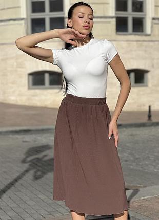 Жіноча спідниця юбка довга міді нище колін темно коричнева крепова з крепу кристал гофре на бавовняній основі на резинці