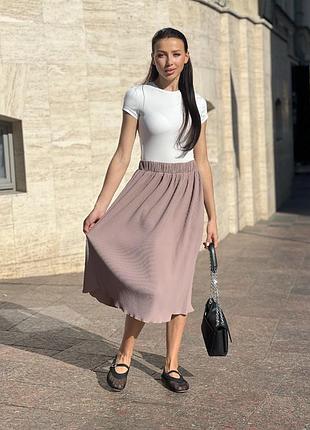 Жіноча спідниця юбка довга міді нище колін світло коричнева крепова з крепу кристал гофре на бавовняній основі на резинці