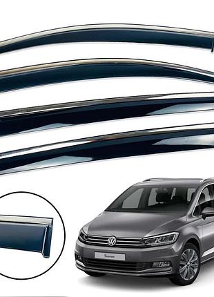 Дефлекторы окон (ветровики) для volkswagen touran iii 2015+ с нерж. хром полоской накладные (hawk)
