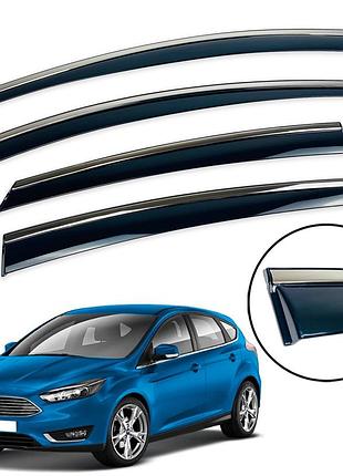 Дефлекторы окон (ветровики) для ford focus 2011-2019 iii sedan/hb с нерж. хром полоской накладные (hawk)