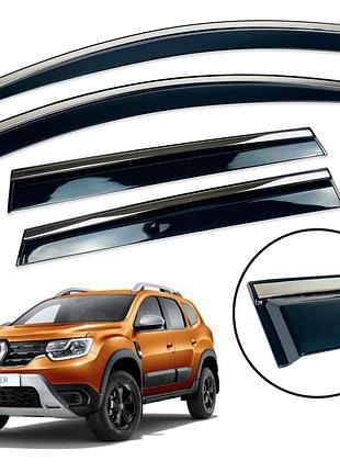Дефлекторы окон (ветровики) для renault duster ii 2018+ с нерж. хром полоской накладные (hawk)