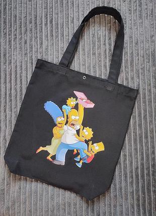 Сумка шоппер на плече, тканина сумка, еко сумка "the simpsons" чорна.