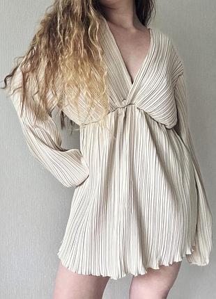 Молочна сукня міні плісе plt/ колір вершкове масло/ плісерована міні сукня міні