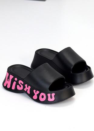 Молодіжні чорні шльопанці крокси wish you на платформі6 фото