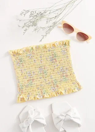 Топ бандо жатка shein frill trim shirred floral tube crop top - s-xs