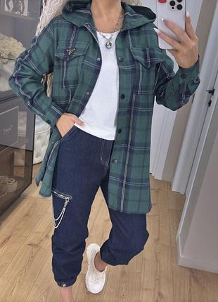 Рубашка женская удлиненная в клетку с капюшоном фланель зеленый цвет 42-60 гг