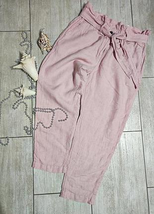 Брюки лен льняные высокая посадка легкие с защипами свободные штаны из льна широкие зауженые оверсайз