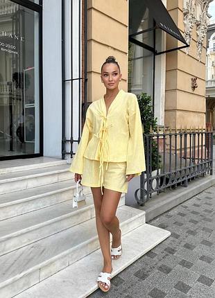 ❤️ шикарный льняной натуральный желтый женский костюм рубашка шорты лен лен женский