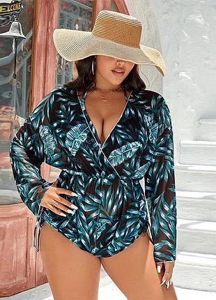 Купальник женский 2xl 3xl 4xl 5xl разделительный черный с зелеными листьями + комбинезон большой размер