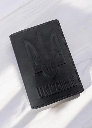 Обкладинка на паспорт шкіряна - герб україни - чорний tops