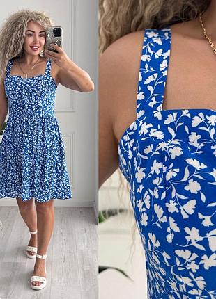 Женское летнее легкое короткое платье сарафан с цветочным принтом в цветочки штапель сине-белый
