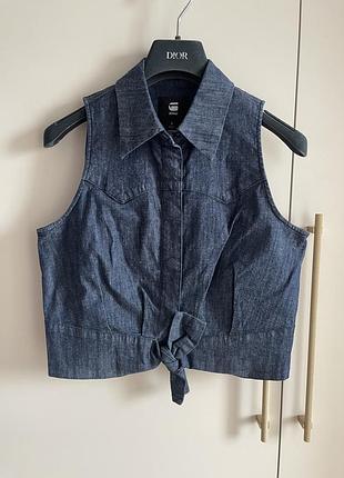 Джинсовая жилетка кроп топ g-star raw с воротником и бантом на кнопках