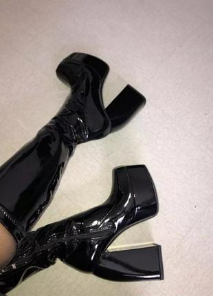 Мега круті чоботи 👢 лакові на квадратному каблуку з квадратним передом 👌