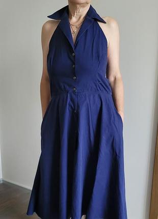 Платье летнее с открытой спиной , пышной юбкой синее хлопок размер м