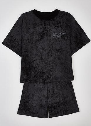 Детский летний костюм с черным мраморным принтом: футболка оверсайз + шорты