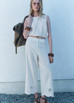 Женские льняные летние брюки кюлоты с вышивкой zara размер xs-s