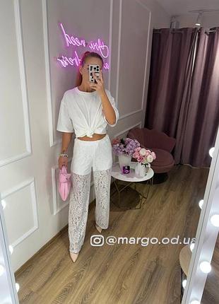 Жіночі літні білі гіпюрові штани палаццо