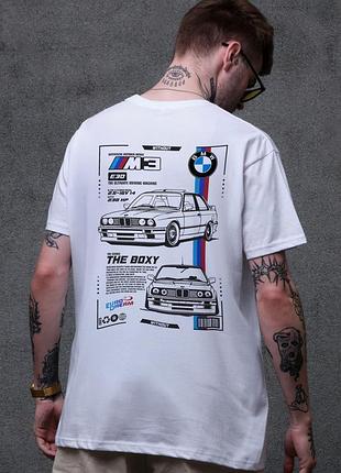 Белая оверсайз футболка мужская с принтом bmw хлопковая на лето
