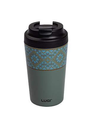 Термочашка вышиванка с керамической колбой 380 мл серо-зеленая