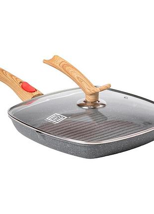 Алюминиевая сковорода-гриль 28 см со стеклянной крышкой квадрат серый mgc