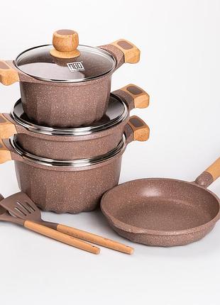 Набор посуды, 3 кастрюли, толстодонное алюминиевое дно mgc с лопаткой и половником, кофейный.