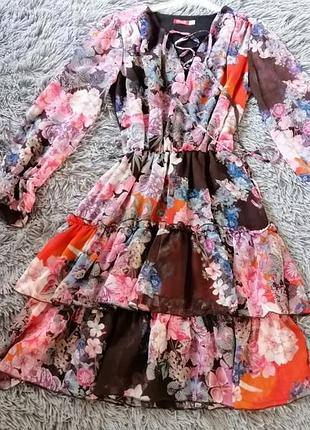 Платье шифон цветочный принт с воланами
