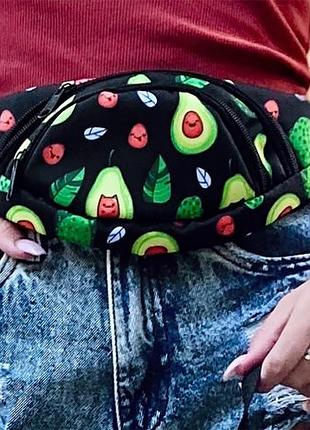 Бананка черная с принтом авокадо, поясная сумка, сумка через плечо
