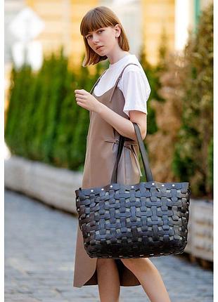 Кожаная плетеная женская сумка пазл xl черная krast