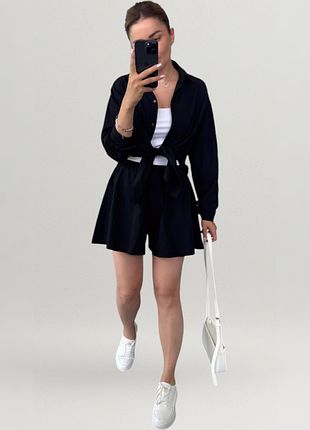 Костюм женский летний из батиста комплект рубашка шорты легкий повседневный пляжный для отдыха черный