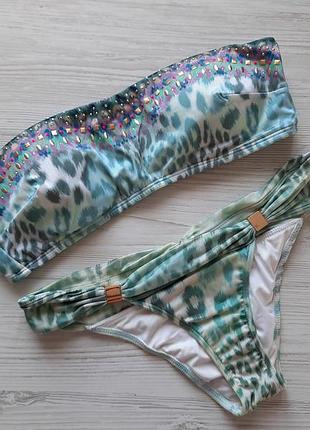 Блакитний леопардовий купальник бандо стрази з камінням м'яка чашка victoria's secret оригінал l m s