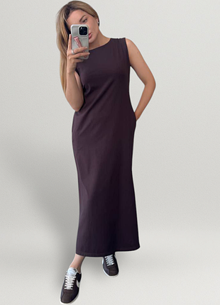 Платье женское летнее миди прямого кроя с карманами кулир хлопок платье повседневное базовое коричневый шоколад