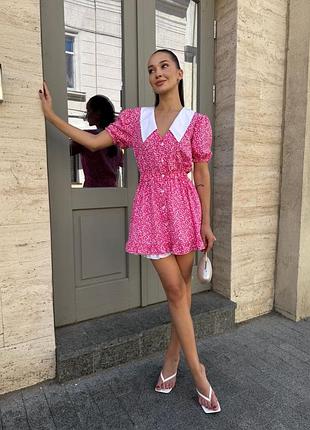 Женское летнее короткое платье 2 в 1 с шортами и снимаемым воротничком в цветочный принт мини платье